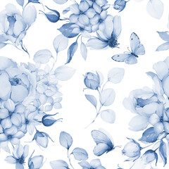 Seamless pattern with spring flowers in indigo tones - 745988973