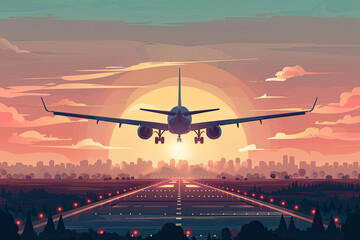 Airplane coming in for landing on runway flat design