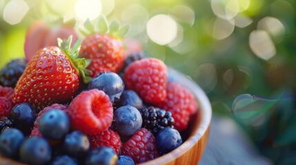 A bowl of berries in a wooden container on top of a table, AI