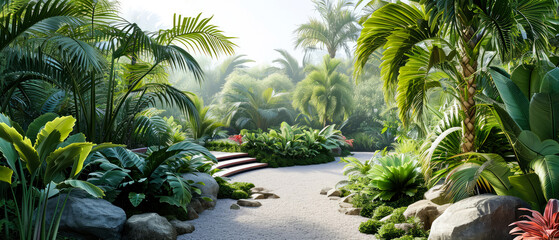 Jungle background. Tropical park or garden with walkway, green exotical plants, palm, branches, flowers. Rain forest wallpaper. Nature landscape. Generative ai.