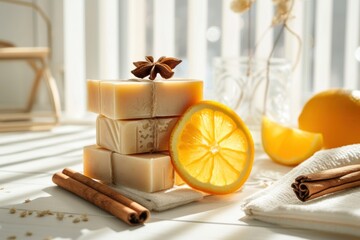 Freshly made natural soap bars with orange slices and spices like cinnamon and star anise on a white surface, creating a warm, inviting scent profile.