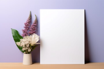 a white and purple flowers in a vase next to a white sign