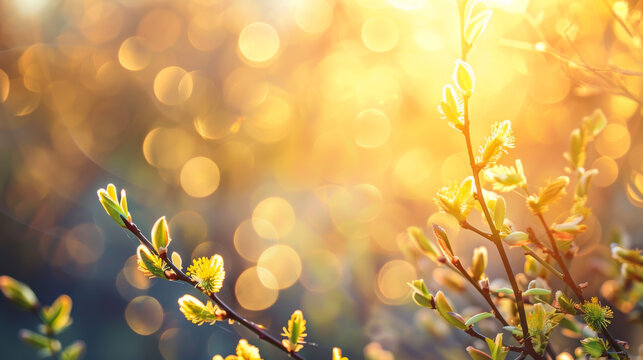 Fluffy willow branches bloom in the sunlight. Willow branches. Spring aspect. Concept of nature, growth.