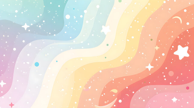 Soft pastel rainbow wavy background decorated with dots and stars scattered throughout.