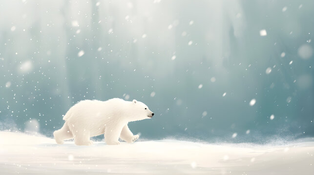 Cute little polar bear cartoon walking in the snow field.