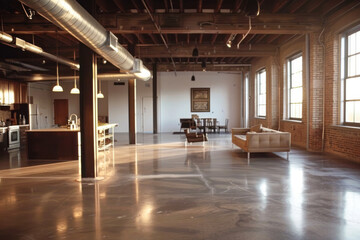 Industrial chic loft interior with exposed ductwork, polished concrete floors.