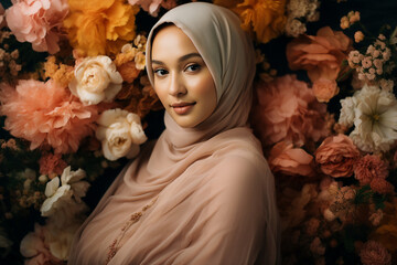Digital generative ai collage image of charming muslim girl look on floral background - Powered by Adobe