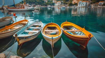 A group of small boats are tied up to a dock, AI