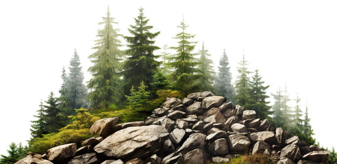 Towering evergreen trees stands prominently behind a rugged terrain of large, scattered boulders, cut out