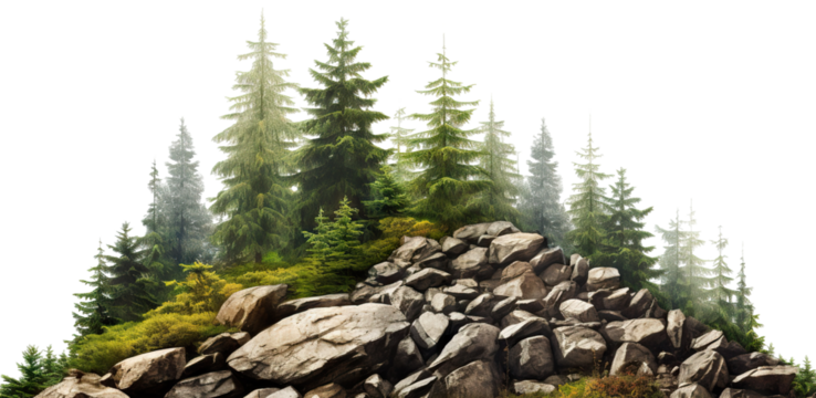 Towering evergreen trees stands prominently behind a rugged terrain of large, scattered boulders, cut out