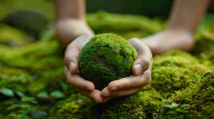 Naklejka na ściany i meble Close-up of hands holding green earth. The concept of sustainable development of ecology and environment. World Earth Day.