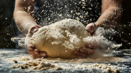 Close-up of a man's hands kneading dough, sprinkling flour, working in a bakery. Making bread. Kneading the dough. Food concept.