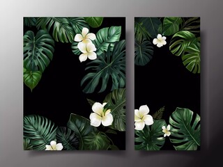 vector wedding invitation set with green tropical leaves on white background. Exotic botanical design for wedding ceremony. Can be used for cosmetics, spas, perfumes, beauty salons, travel agencies