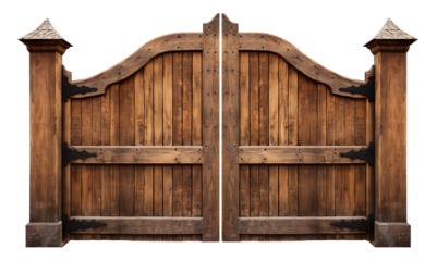 Rustic wooden gates with arched design, cut out