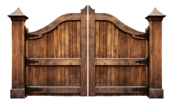 Rustic wooden gates with arched design, cut out