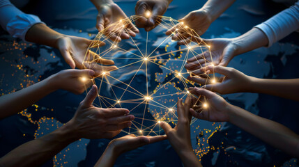 Close-up of people's hands forming a global communication network exchanging data around the world. Concept of connecting the world, technology. - obrazy, fototapety, plakaty