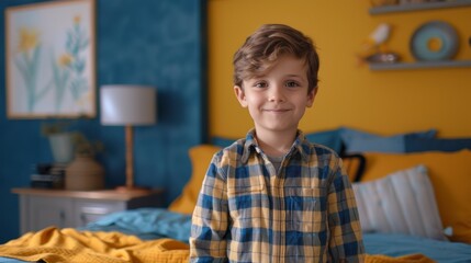 A young boy standing in front of a bed with blue and yellow pillows, AI - Powered by Adobe
