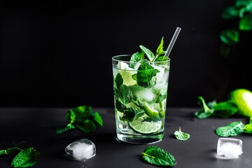 Fresh mojito with lime and mint on dark background
