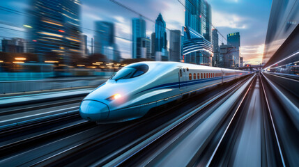A modern high-speed train passes along the tracks near the passenger station. Technology concept.
