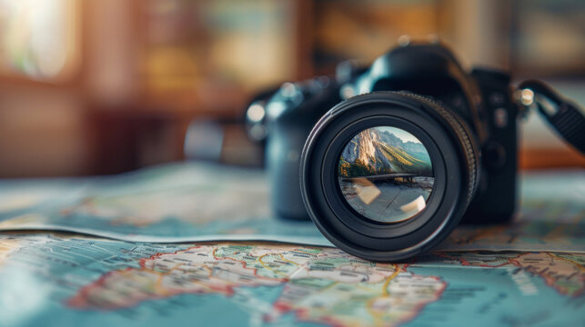 A camera lens on a map with mountains in the background, AI