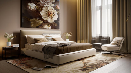 Modern bedroom interior with a large bed, paintings on the wall and minimalist decor. Style and interior concept.