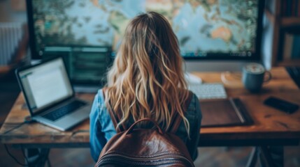 A woman with a backpack sitting at her desk in front of two computers, AI - Powered by Adobe