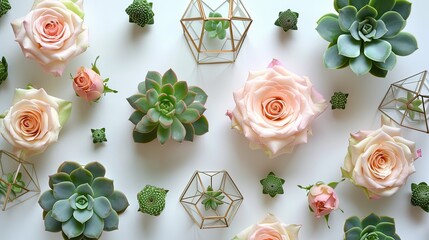 A chic and modern display of succulents and geometric gold terrariums, interspersed with blush pink rose buds arranged on a crisp white surface. 
