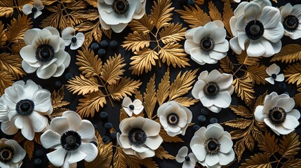 A sophisticated pattern of golden fern leaves and white anemone flowers elegantly laid out on a jet-black background. 