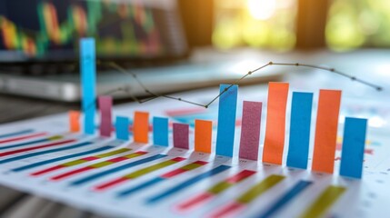 A close up of a graph on top of paper with laptop in the background, AI