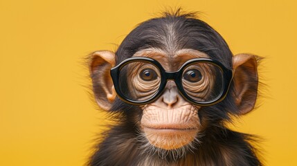 A monkey wearing glasses and a black shirt with yellow background, AI