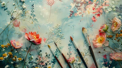 A whimsical setup of watercolor-painted floral designs and calligraphy brushes strewn across a pastel paper background.  - obrazy, fototapety, plakaty