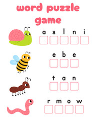 Words puzzle children educational game. Place the letters cute insects in right order.