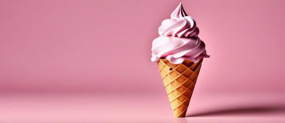 Waffle cone with delicate pink ice cream. Ice cream wrapped in a spiral on a pink background. Sweet dessert. Advertising banner concept. Copy space