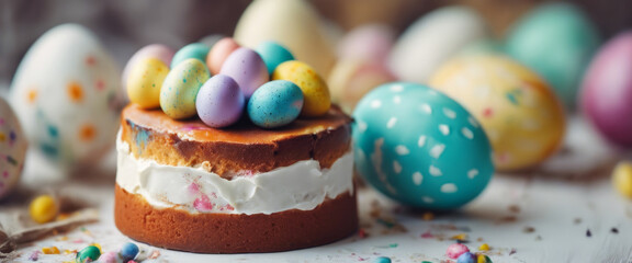 Fototapeta na wymiar Easter cake with colored eggs.