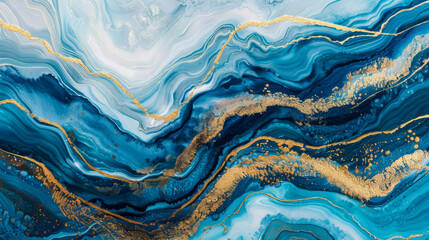 Subtle waves of paint, abstract blue ocean waves, marble lines. Liquid paints, gradient, painting. Alcohol paint stains Tidewater. Abstract art concept. - obrazy, fototapety, plakaty
