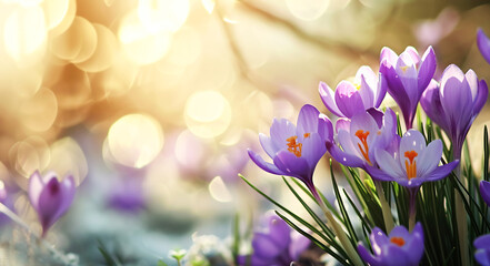 Bright spring crocus flowers with shiny drops of dew on light background with bokeh and highlights....