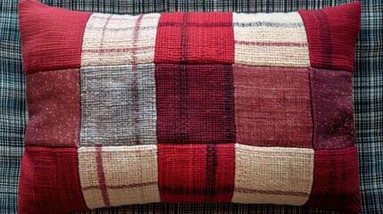 Patchwork Elegance: A Vibrant, Textured Pillow on a Classic Checkered Background