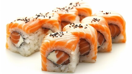 A close up of a group of sushi rolls with salmon and sesame seeds, AI