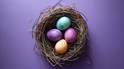 Fototapeta premium Colorful easter eggs in nest on purple background with copy space