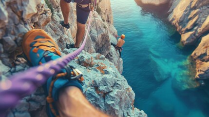 Outdoor adventure outdoors climber, extreme sport background - Close up of a sporty slim men with climbing harness, rope and carabiner for security, climbing on a rock in the mountains