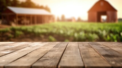 The empty wooden brown table top with blur background of farm and barn. Exuberant image. generative AI - obrazy, fototapety, plakaty