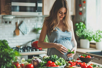 Portrait of a young pregnant woman preparing a healthy meal in the kitchen.