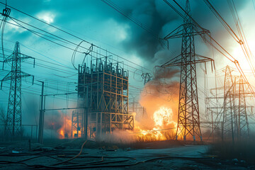 An attack by terrorists caused fire to engulf an electric power substation, which caused everything to be destroyed Generative AI - obrazy, fototapety, plakaty