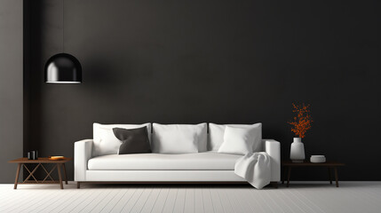 Fototapeta na wymiar Chic Monochromatic Living Room with White Sofa and Dramatic Black Wall