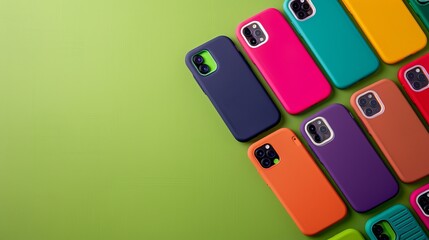 Multicolored mobile phone cases are arranged neatly on a vibrant green background, creating a visually appealing display of accessory options. This image showcases the variety and versatility of phone - obrazy, fototapety, plakaty