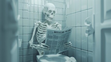 A skeleton sitting on a toilet reading the newspaper, AI