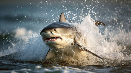 Naklejka premium Shark breaching the waterâs surface, surrounded by splashing water 