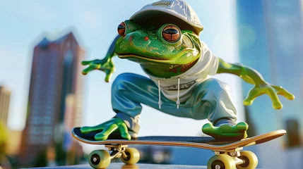 Foto op Canvas Modern funny frog in a baseball cap rolls on a skateboard in a cityscape with a dynamic pose. Symbol of the day in a leap year © ximich_natali