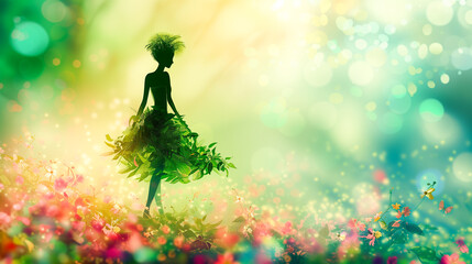 Silhouette of a beautiful girl wearing a dress made of green leaves and walking on green grass with flowers