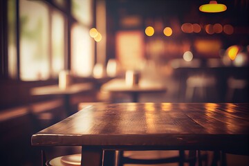 Empty wooden table in a bar on a blurred background, banner, for food and drink advertising - obrazy, fototapety, plakaty